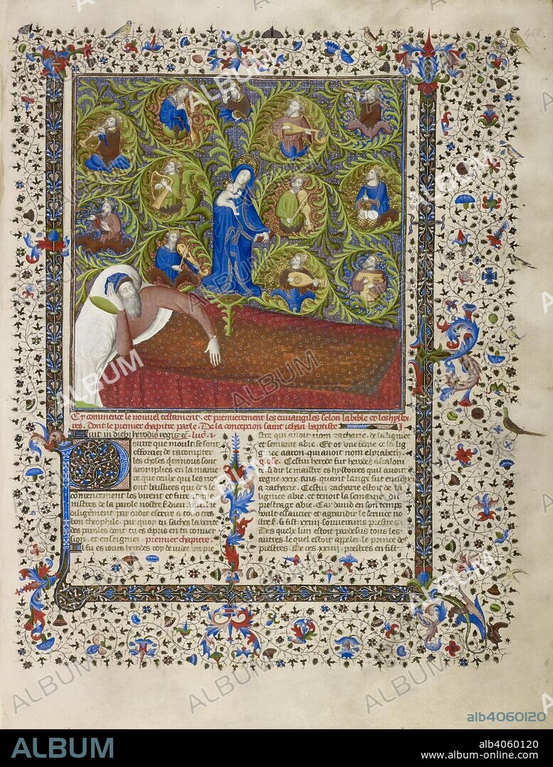 Tree of Jesse. Bible Historiale, Vol. 2. France [Paris]; circa 1411. [Whole folio] Jesse sleeping; with the Virgin and Child, and branches of his family tree containing kings all playing musical different musical instruments. Text beginning with decorated initial 'P'. Borders with foliate decoration  Image taken from Bible Historiale, Vol. 2.  Originally published/produced in France [Paris]; circa 1411. . Source: Royal 19 D. III, f.458. Language: French.