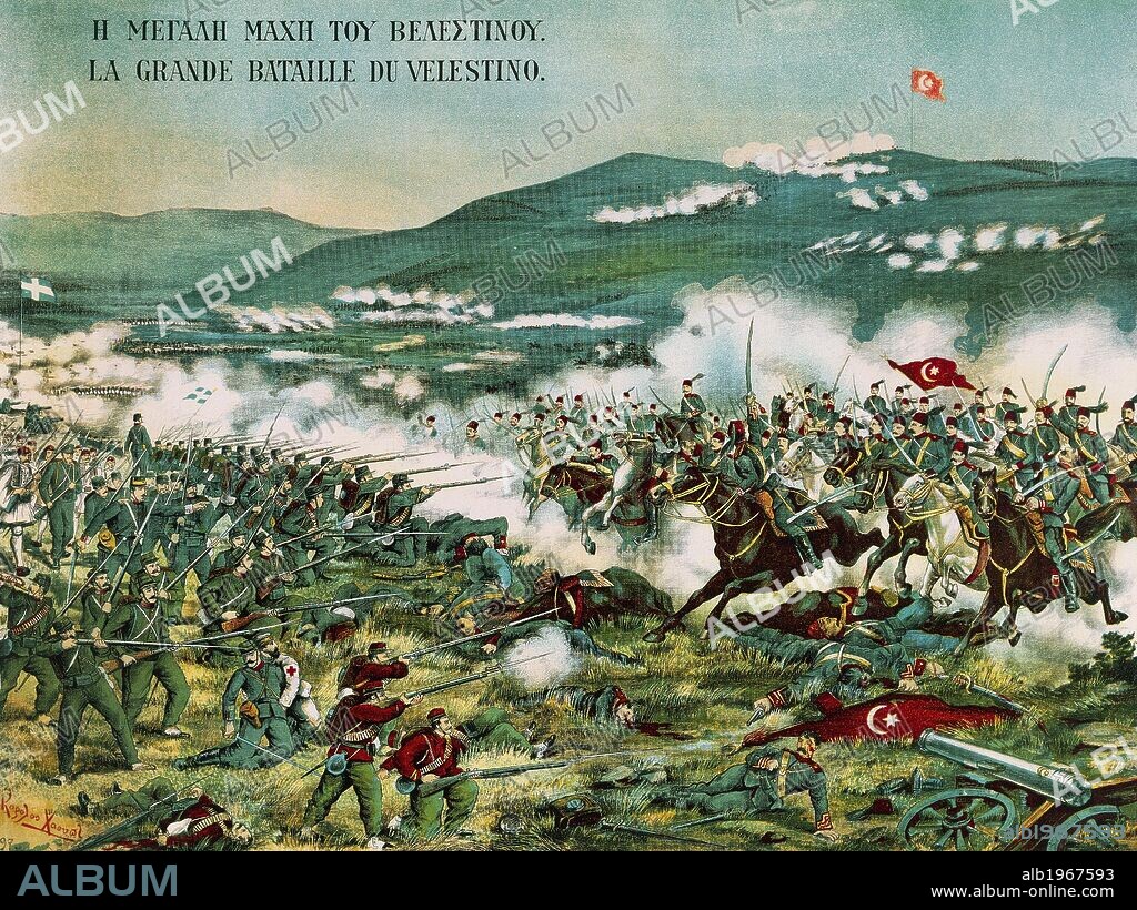 Battle of Domokos, where 700 red shirts under Ricciotti Garibaldi fought, May 17, 1897. Greek-Turkish War, Greece, 19th century.