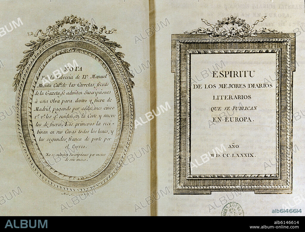 CALDERA CRISTOBAL. ESPIRITU DE LOS MEJORES DIARIOS LITERARIOS DE EUROPA-1789.