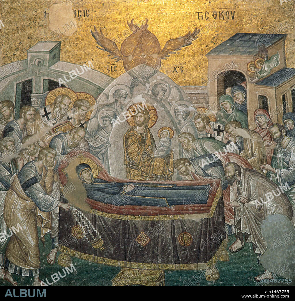 Byzantine Art. Mosaic. The Dormition of the Virgin, which lies in bed surrounded by the apostles. In the center, Jesus Christ with a child in his arms, symbolizing the soul of Mary reborn in Paradise. Nave of the Church of St. Saviour in Chora or Kariye Camii. Istanbul. Turkey.