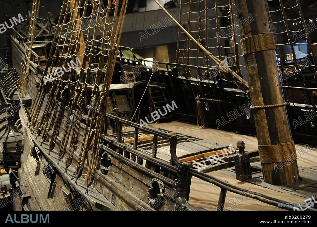 Warship Vasa. Built at 1626-1628 on the orders of the King of Sweden Gustavus Adolphus. Deadeyes, chainplate and shrouds. Gunport. Vasa Museum. Stockholm. Sweden.