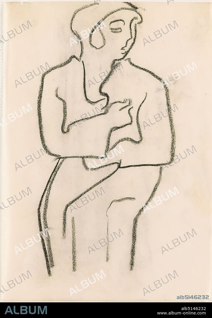 Gustav Heinrich Wolff, sketch of a seated figure in a cloak, parchment, drawing charcoal, drawing, charcoal on parchment paper, total: height: 17.4 cm; width: 12.2 cm, unmarked, drawing, graphics, sketches, seated figure, jacket, cloak, cape, woman, Classic Modernism, sketch from the February 1923 sketchbook.