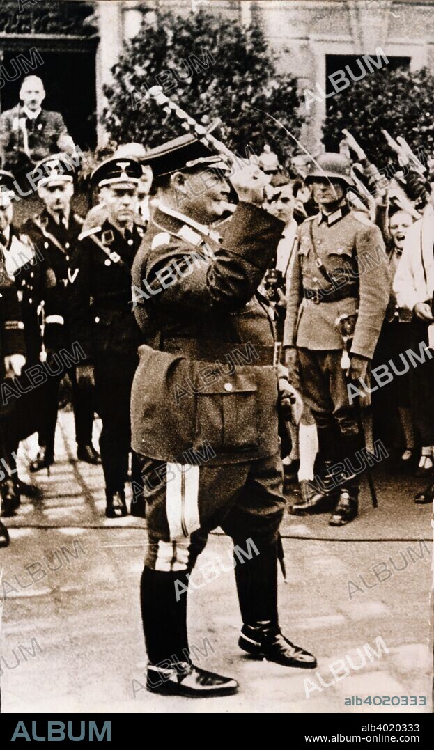 Hermann Göring, German Nazi politician and military leader, c1930s-c1940s. A decorated World War I fighter ace who flew with Baron Manfred von Richthofen's squadron, Göring (1893-1946) joined the Nazi party in 1922. The following year he was involved in the Munich Beer Hall Putsch alongside Adolf Hitler. After the Nazis came to power in 1933, Göring became one of the new regime's leading figures. He commanded the Gestapo until 1934, when he handed its command over to Heinrich Himmler, and from 1935 onwards was commander of the Luftwaffe, the German air force. Captured by the Allies at the end of the Second World War, Göring was convicted of war crimes and crimes against humanity at the Nuremberg Trials, but committed suicide the night before he was due to be executed.