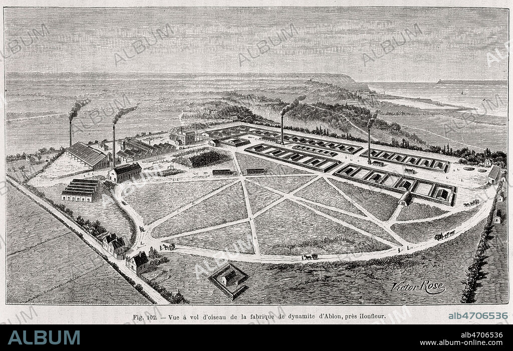Vue a vol d'oiseau de la fabrique de dynamite d'Ablon pres de Honfleur. Illustration anonyme pour Le Supplement aux Merveilles de la Science par Louis FIGUIER. Credit : Coll. Jonas/KHARBINE-TAPABOR.