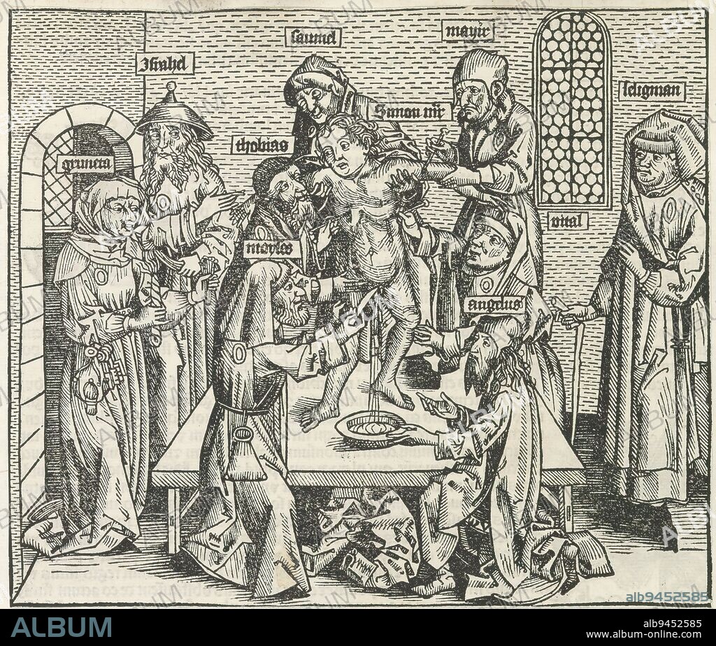 Murder of Simon of Trent, Liber Chronicarum (series title), The ritual murder of the child Simon of Trent. The play is part of the Liber Chronicarum. The text of this book describes how Simon was killed by a group of Jews because of his Christian blood. The boy stands on a table and is surrounded by Gruneta, Israel, Samuel, Mayir (Meyer), Seligman, Tobias, Moses and Angelus. Moses cuts off the boy's genitals. Others cut him in his chest and arm to collect his blood. The print is part of an album., print maker: Michel Wolgemut, (workshop of), print maker: Wilhelm Pleydenwurff, (workshop of), Neurenberg, 1493, paper, letterpress printing, height 194 mm × width 227 mm.