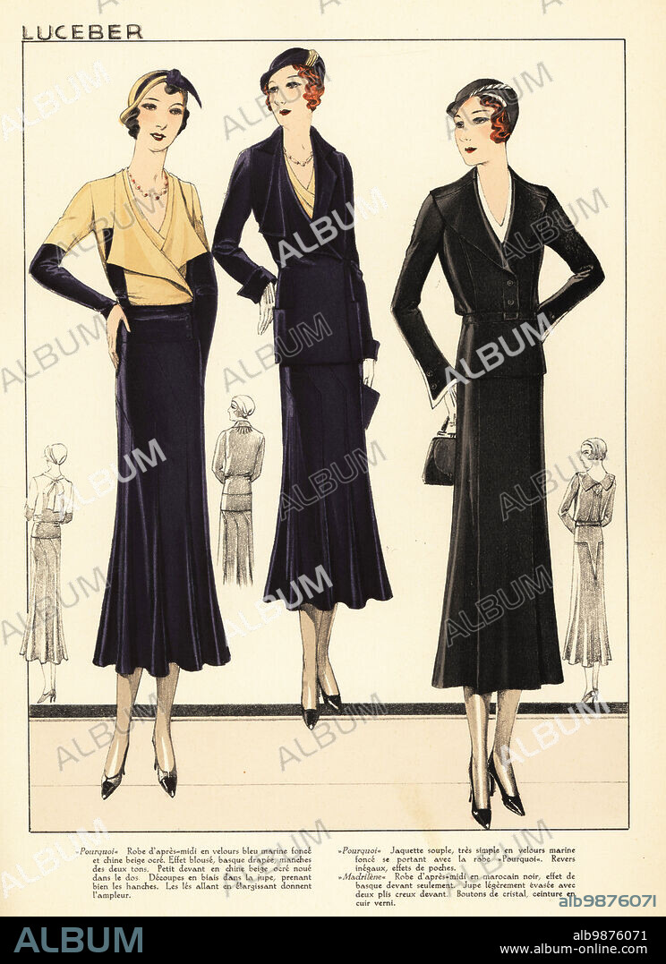 Woman in Pourquoi afternoon dress in blue velvet and ochre crepe de Chine, and matching jacket. Woman in Madrilene afternoon dress in black Moroccan wool. Marcel wave bob hairstyle. Fashion designs by Luceber. Handcoloured pochoir lithograph from La Grande Couture, Creations pour la Femme Mondaine, Atelier Bachwitz, publisher of Chic Parisien, Vienna, September, 1931.