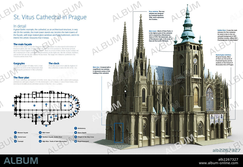 St. Vitus Cathedral in Prague. Infographic of St. Vitus Cathedral in Prague (Czechs Republic). Temple dedicated to Catholic cult, and the greatest exponent of Gothic art in the city. The first stone was laid in the year 1344.