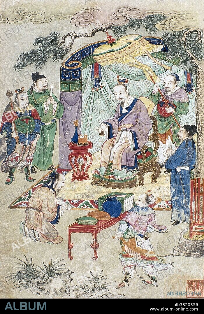 The Yellow Emperor (Huangdi) is shown presenting books containing medical knowledge to Lei Gong, the Thunder Duke. The scene unfolds outdoors. The Yellow Emperor is seated beneath a yellow canopy in the shade of a pine tree, flanked by four civil and military officials. Lei Gong prostrates himself at his feet. To his right, books and other largesse are laid out on tables. The picture is inspired by a passage in Suwen: Zhu zhi jiao lun (Plain Questions: On the Transmission of the Teachings), from the Inner Canon of the Yellow Emperor: "When the Yellow Emperor was seated in The Hall of Brightness, he summoned Lei Gong and questioned him". After this, he transmitted the knowledge of medicine to Lei Gong.