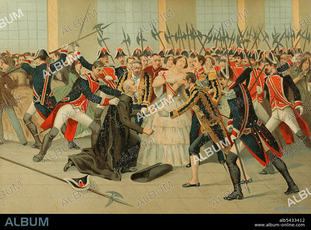 Historia de España. Madrid. Intento de regicidio del cura Martín Merino Gómez (1789-1852) contra la reina Isabel II, el 2 de febrero de 1852. Con motivo de la presentación de la recién nacida infanta Isabel, conocida como "La Chata", en la ceremonia que iba a tener lugar en la Basilica de Atocha, el cura Merino aprovechó la salida de la reina de la Capilla Real en dirección a Atocha. La reina tenía en brazos a la infanta cuando fue sorprendida por un eclesiástico que fingiendo una reverencia le atestó una puñalada en el pecho, con un cuchillo que llevaba oculto en la sotana. La reina se desplomó hacia atrás aunque el coronel de alabarderos Manuel de Mencos logró recoger a la princesa recién nacida antes de caer. La reina fue trasladada inmediatamente a sus aposentos temiéndose por su vida, aunque el corsé y el grueso bordado del vestido impidieron que el puñal alcanzase el corazón, sufriendo tan solo una herida leve. Cromolitografía. Historia General de España, por Miguel Morayta. Tomo VII. Madrid, 1893.