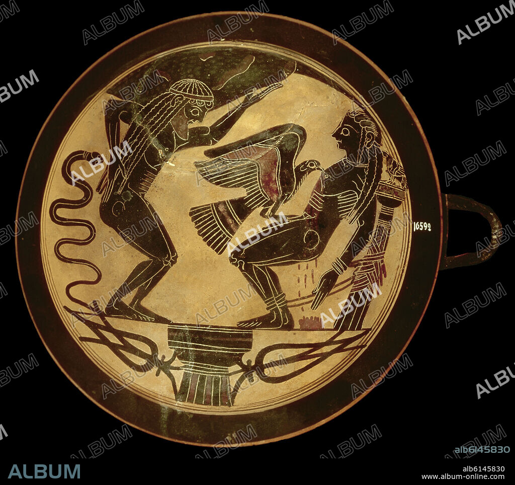 ARCESILAS / ARQUESILAS. KYLIX LACONICA CON PROMETEO Y ATLAS, CERVETERI, KYLIX DE FONDO BLANCO, 530 AC, DIAMETRO 20,2cm, ALTO 14cm.