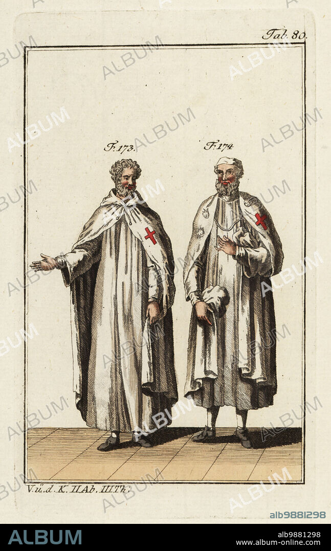 Two Knights Templar in house wear or monastery robes of cassock and cape with red cross. The Order of the Knights Templar was a military order founded in 1118 by Hugues de Payens, a knight of Champagne, and eight other knights to protect pilgrims to the Holy Land. Copied from an illustration by Jacques Charles Bar in Costumes des ordres religieux et militaires, 1778. Handcolored copperplate engraving from Robert von Spalart's Historical Picture of the Costumes of the Principal People of Antiquity and Middle Ages, Vienna, 1802.