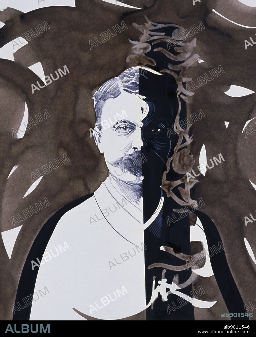 Guy de Maupassant. Portrait on a poster by Raymond Moretti (1931-2005), a French painter and sculptor. Henri René Albert Guy de Maupassant (1850 - 1893) was a French writer, remembered as a master of the short story form, and as a representative of the naturalist school of writers.