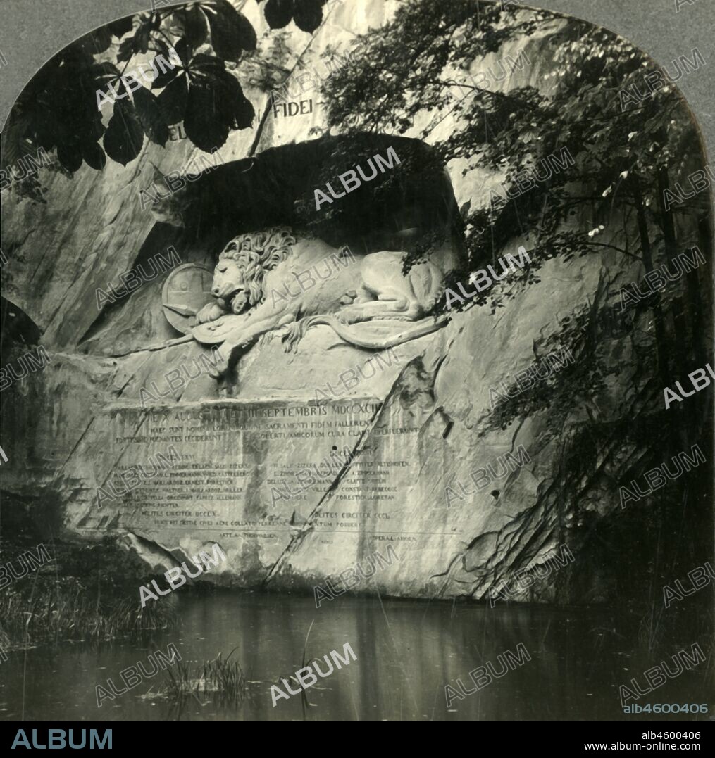 'The Lion of Lucerne, a Memorial Statue in Living Stone, Switzerland', c1930s. The Lion Monument is a rock relief in Lucerne, designed by Bertel Thorvaldsen and cut by Lukas Ahorn to commemorates the Swiss Guards massacred in 1792 during the French Revolution. From "Tour of the World". [Keystone View Company, Meadville, Pa., New York, Chicago, London].