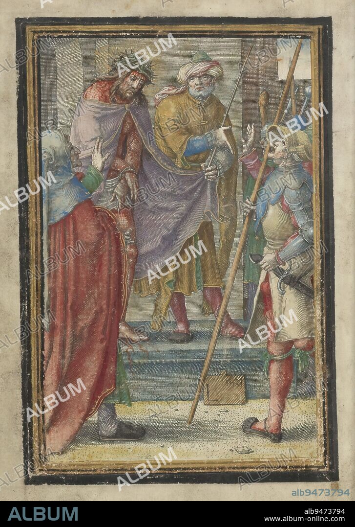 Christ shown to the people (Ecce Homo), Passion of Christ (series title), Christ is shown to the people by Pilate on a stage. The people cry out that Christ must be crucified. This print is part of a handwritten prayer book., print maker: Lucas van Leyden, (mentioned on object), after own design by: Lucas van Leyden, Leiden, 1521, paper, engraving, height 149 mm × width 105 mm.