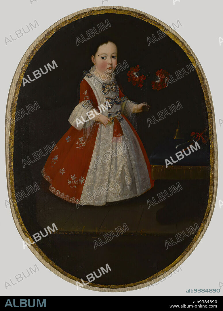Doña María de la Luz Padilla y Gómez de Cervantes, Attributed to Nicolás Enríquez, Mexican, active 1730-1768, Oil on canvas, Mexico, ca. 1735, Oval: 35 3/8 x 26 in., 89.9 x 66 cm, baby, beauty mark, brocade, child, clochette, dress, earrings, fille, fleurs, flower, framed, girl, hispanic heritage, jewelry, lace, Latin American Art, mexican, mexican art, Mexican Painting, mexico, necklace, oval, pearls, People, red, robe, Spanish American Art, status, wealth, x-ray.