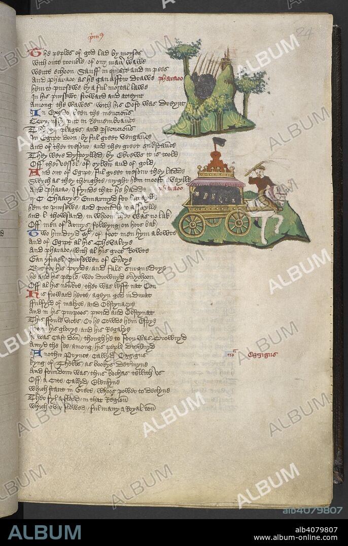 GIOVANNI BOCCACCIO. Pharaoh's army pursuing the Israelites. Below, the chariot of the Pharaoh. The Fall of Princes , abridged. England, S. E. (probably Suffolk, possibly Bury St Edmunds); c. 1450 - c. 1460. Source: Harley 1766, f.24. Language: English.