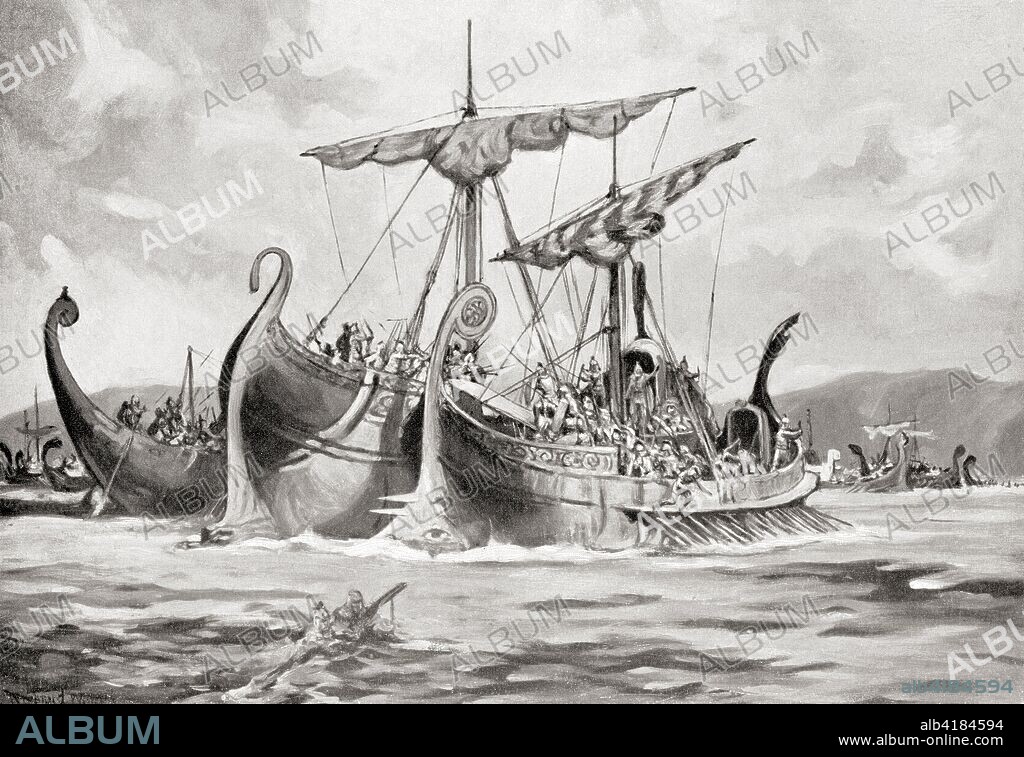 The Roman victory at The Battle of Mylae, 260 BC during the First Punic War.  From Hutchinson's History of the Nations, published 1915.