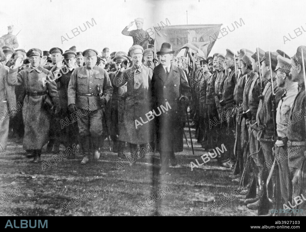 Leon Trotsky, People's Commissar of War, reviewing Red Army troops in Moscow, Russia, 1918. After its conspicuous failure to halt German offensives in February 1918, Trotsky was placed in command of the Red Army in March with the responsibility of moulding it into an efficient, disciplined fighting force.