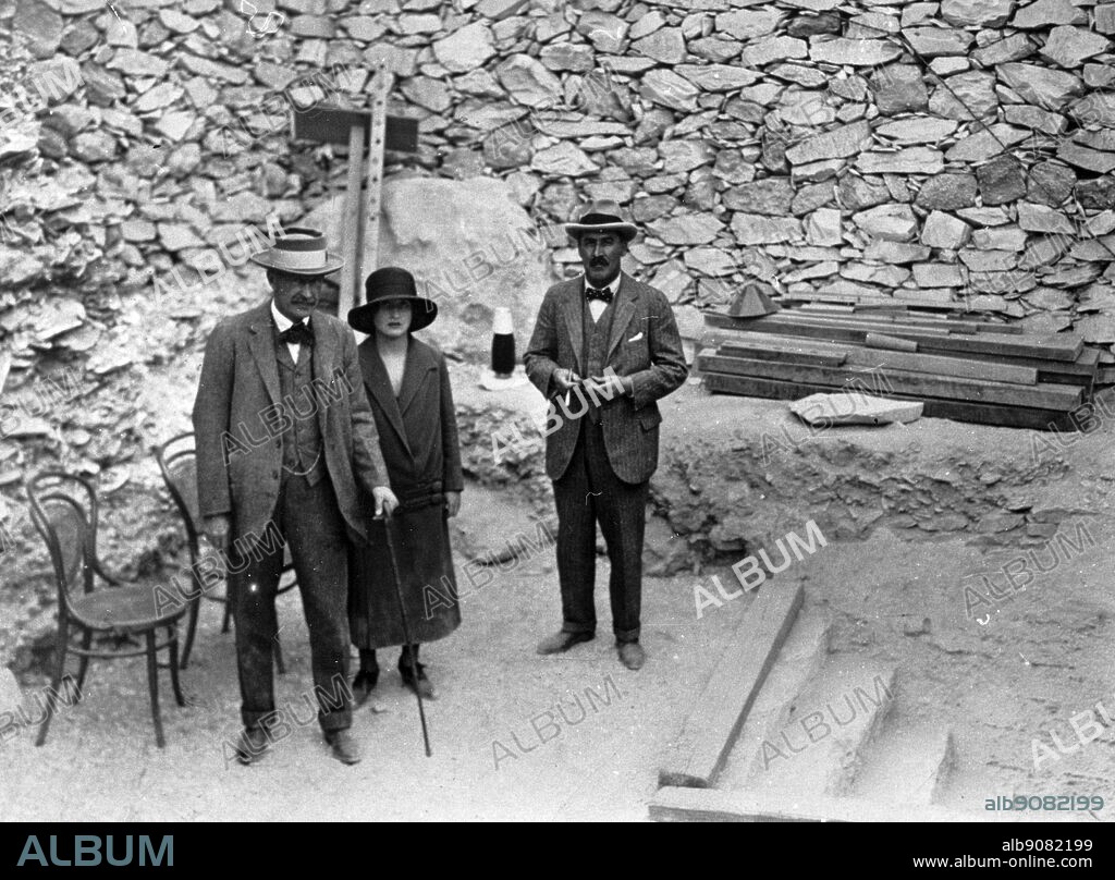 Lord Carnarvon, Lady Evelyn Herbert and Mr Howard Carter at the Entrance to the Tomb of Tutankhamen. The Treasures of Tutankhamen, The Exhibition Catalogue by I E S Edwards, page 26.
