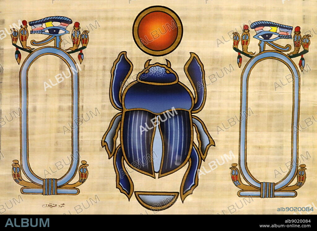 Modern papyrus depicting a scarab beetle flanked by the Eye of Horus, wedjat eye or udjat eye; a concept and symbol in ancient Egyptian religion that represents well-being, healing, and protection. It derives from the mythical conflict between the god Horus with his rival Set. 2021.