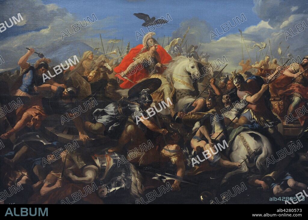 Batalla de Arbelas o Batalla de Gaugamela (331 a. C.). Combate librado entre los ejércitos de Alejandro Magno (336-323 a. C.) y el rey persa Dario III. Óleo sobre lienzo, 1,80 x 3,91 m. Pintura de José del Castillo (1737-1793). Real Academia de Bellas Artes de San Fernando. Madrid. España.