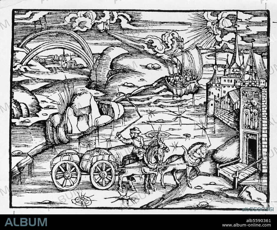 Vergil (Publius Vergilius Maro). röm. Dichter, 70 v. Chr. 19 v. Chr. Werke: Georgica (Gedichte von der Landwirtschaft). Frachtwagen überquert einen zugefrorenen Fluß. Holzschnitt aus Sebastian Brants Virgil-Ausgabe, Straßburg (Johann Grüninger), 1502.