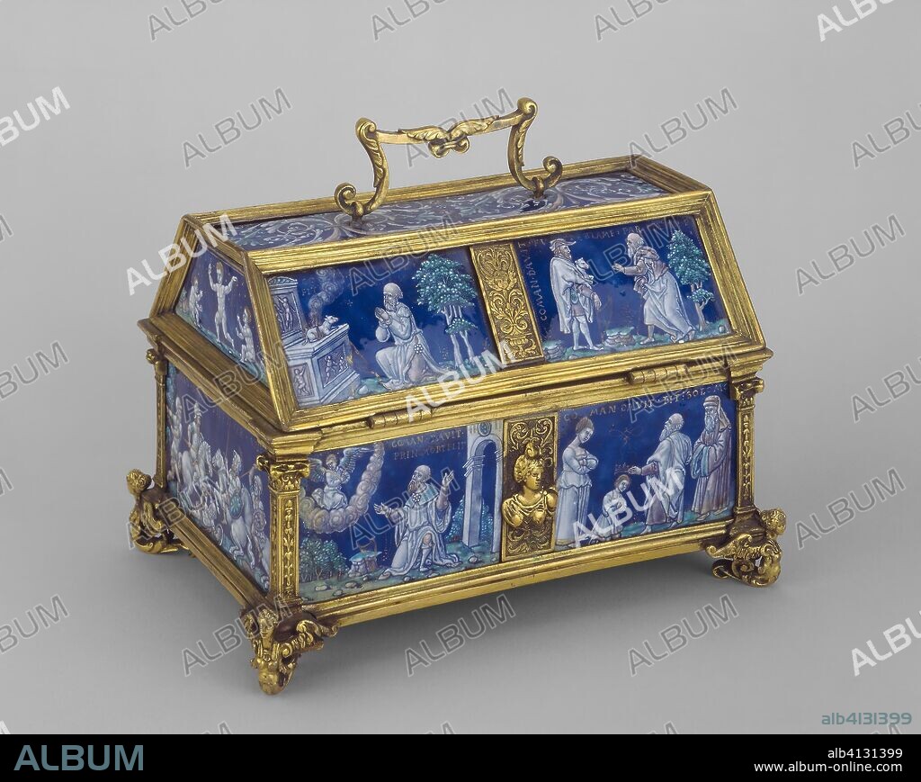 PÉNICAUD STUDIO. Casket with Scenes of David and Solomon. Attributed to the workshop of Pierre Reymond; French. Date: 1540-1560. Dimensions: 16.5 × 10.8 cm (6 1/2 × 4 1/4 in.). Painted enamel on copper, gilded bronze mounts. Origin: Limoges.