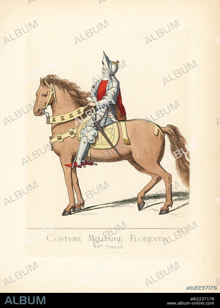 Florentine gentleman in military costume, 15th century. He wears a steel helmet with vizor and gold crest, suit of steel armour with red laces, red shoes and steel spurs. Horse harness in bleached leather. From a painting in the Florentine school of the Great Triumphs of Petrarch. Handcoloured illustration drawn and lithographed by Paul Mercuri with text by Camille Bonnard from "Historical Costumes from the 12th to 15th Centuries," Levy Fils, Paris, 1861.