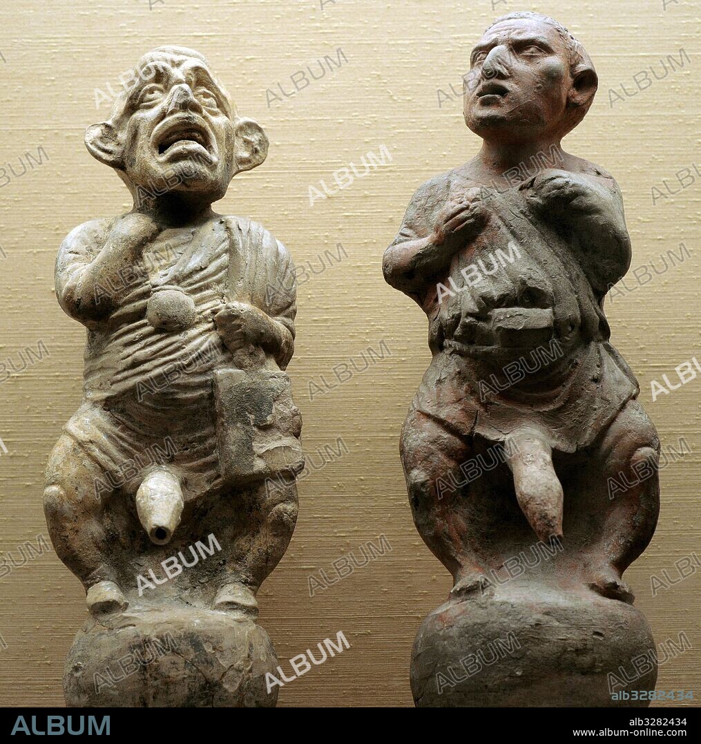 Arte romano. Vasijas de barro de "Mariones", enanos bufones. Cerámica erótica. Herculano. Siglo I d. c. Museo Arqueológico Nacional. Nápoles. Italia.