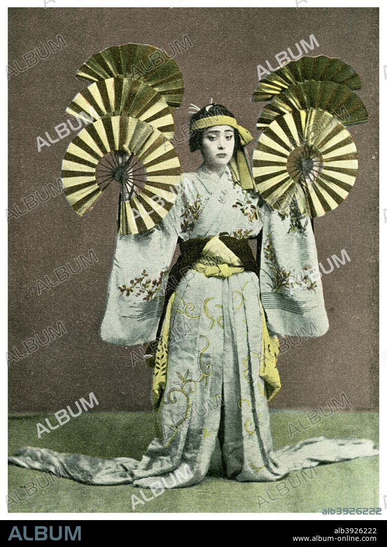Girl performing a fan dance, Japan, 1904. A print from Japan, its History, Arts and Literature, Volume V, by Captain F Brinkley, TC and EC Jack, 34 Henrietta Street, London WC2 and Edinburgh, 1904.