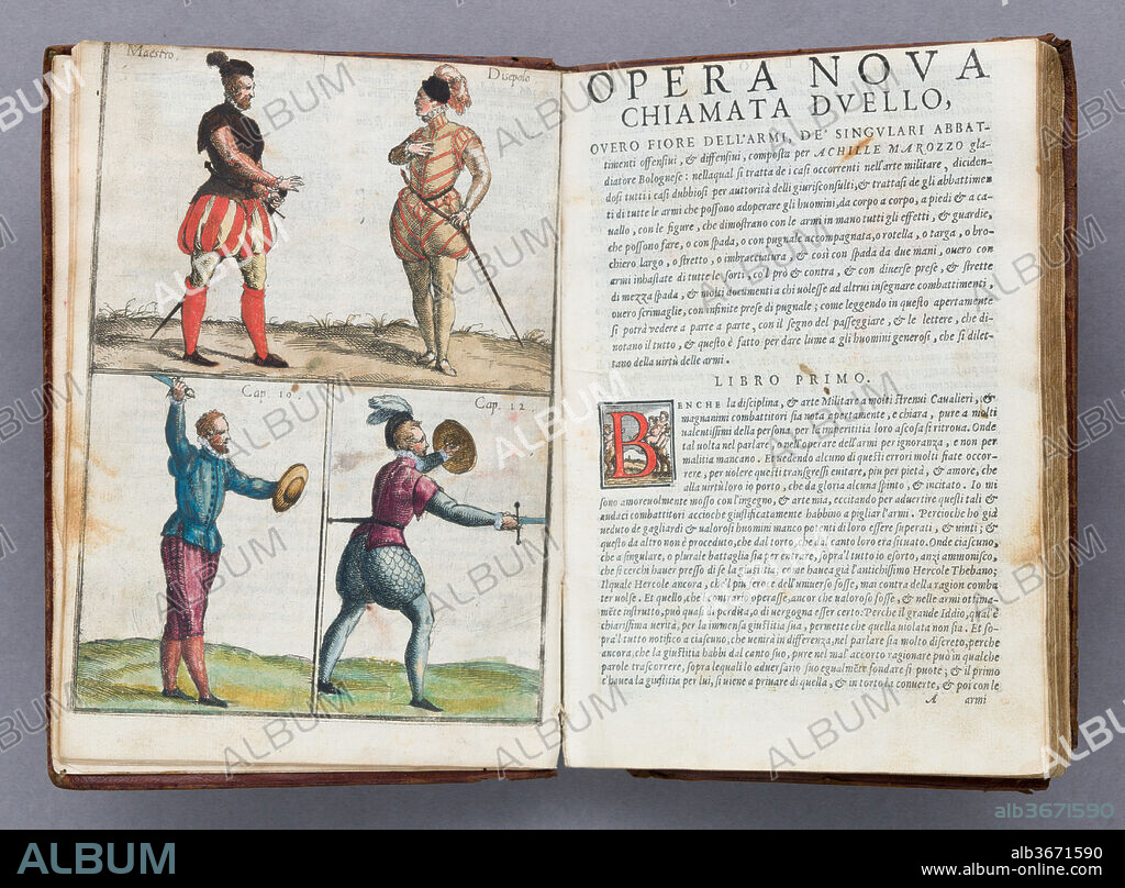 Arte dell'Armi di Achille Marozzo Bolognese (The Art of Arms, by Achille Marozzo of Bologna). Culture: Italian, Venice. Designer: Achille Marozzo (16th century). Engraver: Giovanni Battista Fontana (Italian, ca. 1524-1587); Giulio Fontana (Italian, active 1560s). Date: dated 1568.
Published after Marozzo's death, the text, with some modifications to reflect changes in fighting styles, remains basically that of the <i>Opera Nova</i> of 1536. The original woodcuts have been replaced with engravings by Giovanni Battista Fontana (1524-1587), and Giulio Fontana (d. 1569). Giulio Fontana added a new preface to the 1568 edition dedicated to Don Giovanni Manriche, Camerieri di S. M. Cesarea, probably referring to Juan Manrique, chamberlain to Elizabeth Valois (1545-1568), queen of Spain. Fontana goes on to mention his illustrations for another fencing book, Camillo Agrippa's <i>Trattato di Scienza d'Arme</i>, published two weeks before Marozzo's <i>Arte dell'Armi</i>, which he had also dedicated to Don Giovanni Manriche.