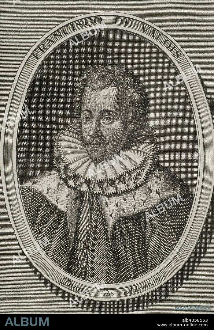 Francisco de Anjou (1554-1584). Príncipe francés. Duque de Anjou y Alençon. Retrato. Grabado. Guerras de Flandes. Edición publicada en Amberes, 1748. Biblioteca Histórico Militar de Barcelona. Cataluña. España.
