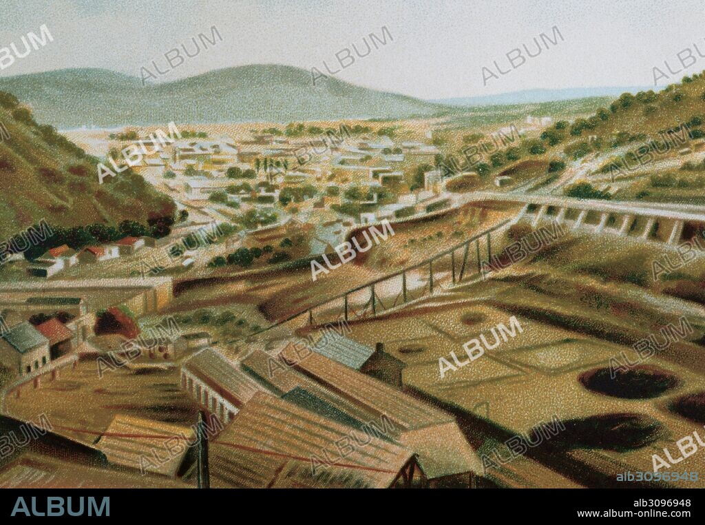 HISTORIA DE MEXICO. ESTADO DE HIDALGO. PACHUCA. "Actual capital del Estado con sus minas, uno de sus yacimientos de plata más importantes del mundo". Minas ya explotadas en época azteca. En 1552, Alfonso Rodriguez Salgado descubrió grandes yacimientos de plata. Litografia del año 1880.