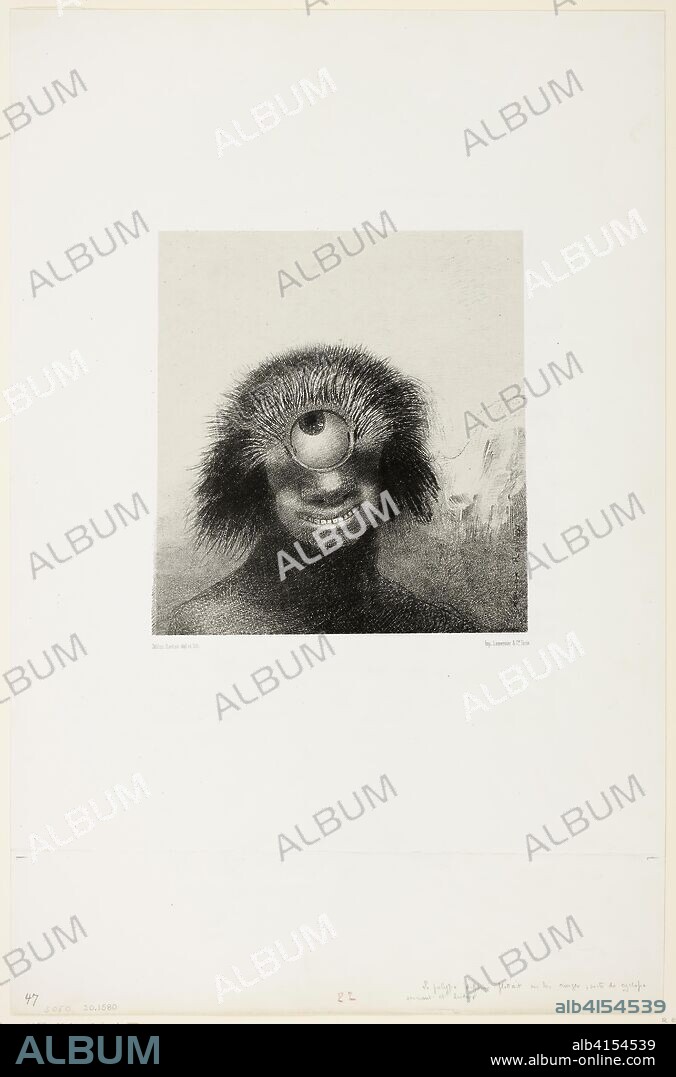 The Misshapen Polyp Floated on the Shores, a Sort of Smiling and Hideous Cyclops, plate 3 of 8 from "Les Origines". Odilon Redon; French, 1840-1916. Date: 1883. Dimensions: 213 × 200 mm (image); 212 × 196 mm (chine); 530 × 345 mm (sheet). Lithograph in black on light gray China paper, laid down on white wove paper. Origin: France.