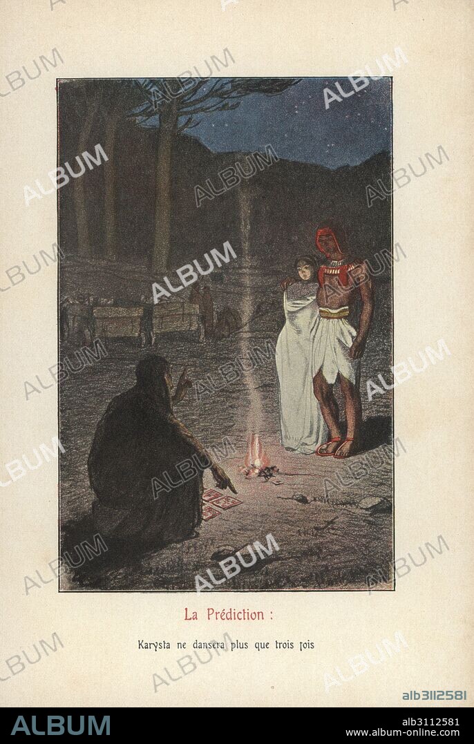 Egyptian man and girl Karysta receiving a prediction that she will only dance three times from a fortune-teller at a campfire. Colour printed illustration by Auguste Leroux from Felicien Champsaur's novel L'Orgie Latine (Roman Orgy), Fasquelle, Paris, 1903.