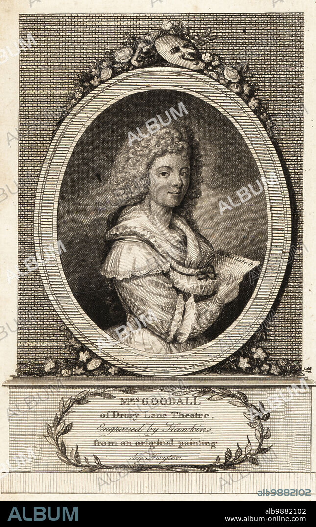 Mrs Charlotte Goodall, English actress and comedian 1766-1830. Pictured in wig, fichu and dress, holding a page with the title As You Like It. Known for her comedy roles at Drury Lane Theatre, married to merchant captain and Admiral of Hayti, Thomas Goodall.. Copperplate engraving by W. Hawkins after a portrait by Charles Hayter, published in London, 1789.