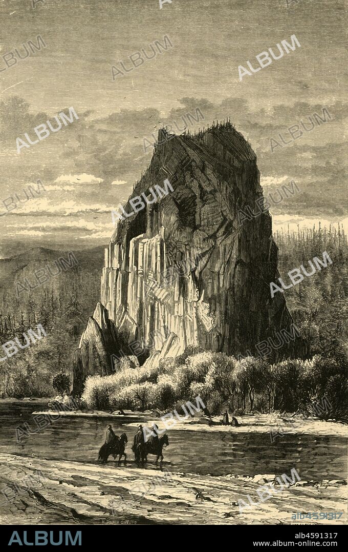 JOHN FILMER. 'Castle Rock', 1872. Rock formation on the Columbia River, USA: 'Rifted bowlders, like Castle Rock, stood alone, their base washed by the river, their heads upholding the sky'. From "Picturesque America; or, The Land We Live In, A Delineation by Pen and Pencil of the Mountains, Rivers, Lakes...with Illustrations on Steel and Wood by Eminent American Artists" Vol. I, edited by William Cullen Bryant. [D. Appleton and Company, New York, 1872].