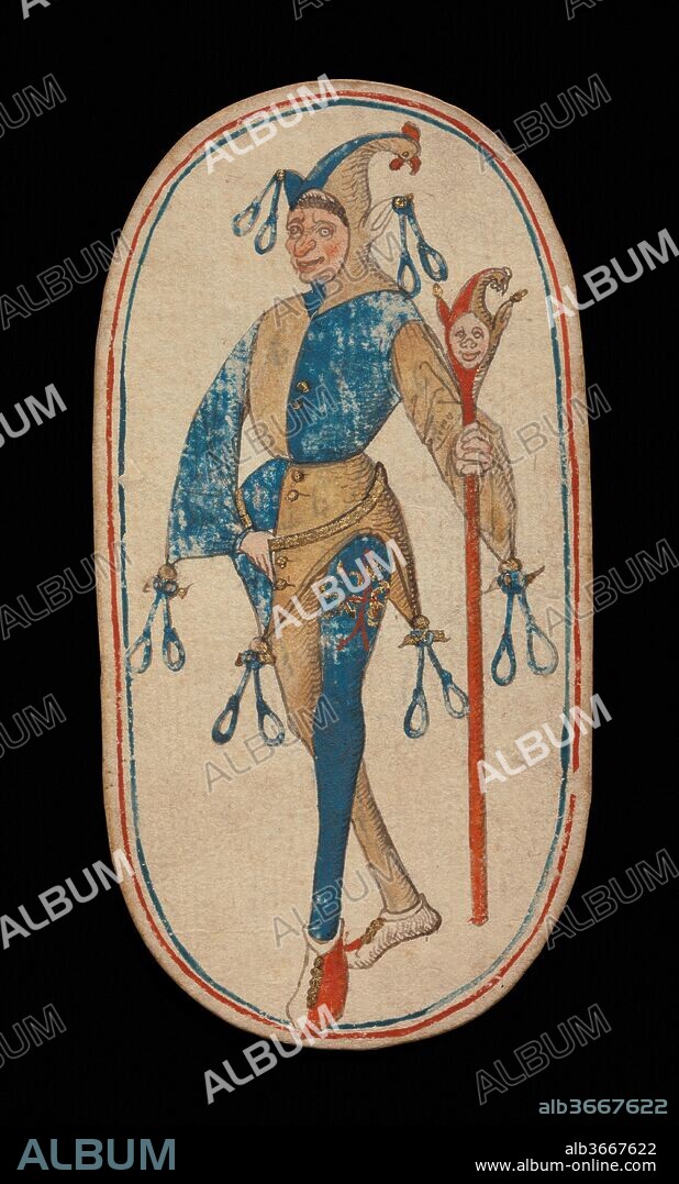 Knave of Nooses, from The Cloisters Playing Cards. Culture: South Netherlandish. Dimensions: 5 3/16 × 2 3/4 in. (13.2 × 7 cm). Date: ca. 1475-80.
The Cloisters set of fifty-two cards constitutes the only known complete deck of illuminated ordinary playing cards (as opposed to tarot cards) from the fifteenth century. There are four suits, each consisting of a king, queen, knave, and ten pip cards. The suit symbols, based on equipment associated with the hunt, are hunting horns, dog collars, hound tethers, and game nooses. The value of the pip cards is indicated by appropriate repetitions of the suit symbol. The figures, which appear to be based on Franco-Flemish models, were drawn in a bold, free, and engaging, if somewhat unrefined, hand. Their exaggerated and sometimes anachronistic costumes suggest a lampoon of extravagant Burgundian court fashions. Although some period card games are named, it is not known how they were played. Almost all card games did, however, involve some form of gambling. The condition of the set indicates that the cards were hardly used, if at all. It is possible that they were conceived as a collector's curiosity rather than a deck for play.