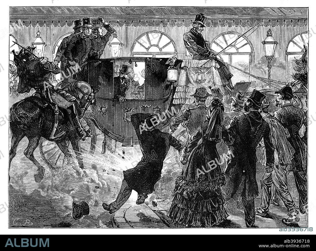 'Attempted Assassination of the Emperor of the French', 28 April 1855. An attempt to asssassinate Napoleon Bonaparte III. Illustration from The Life & Times of Queen Victoria, by Robert Wilson, Vol III.