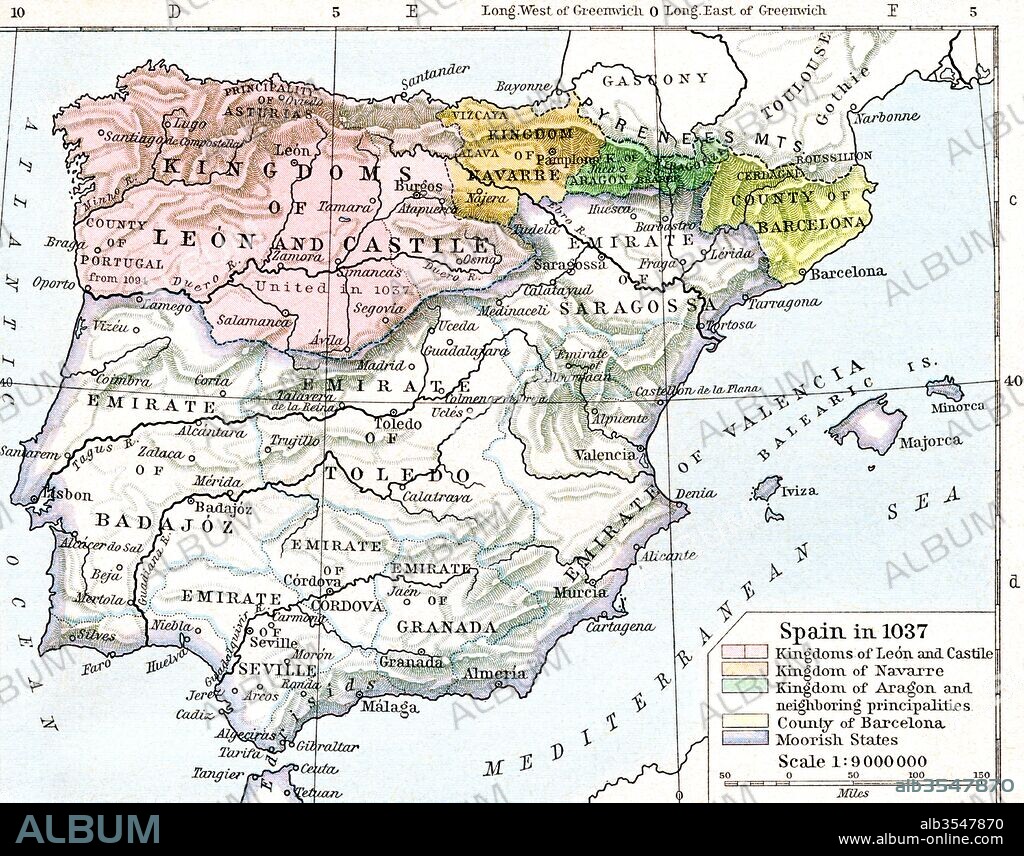 Map of Spain in 1037 showing the kingdoms of León and Castile, kingdom of Navarre, kingdom of Aragon and neighbouring principalities, county of Barcelona and Moorish states. From Historical Atlas, published 1923.
