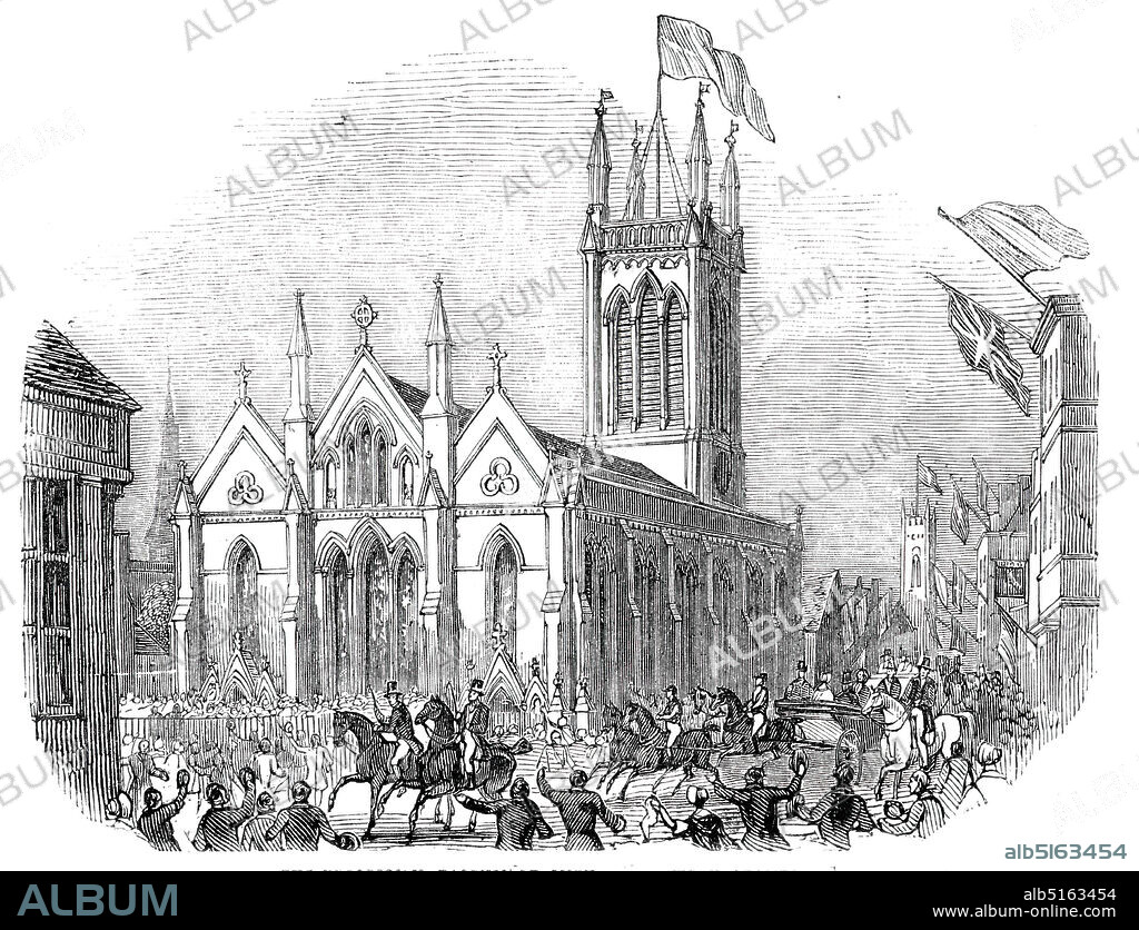 The procession, passing St. Michael's Church, Stamford, 1844. '...the procession passing the handsome church of St. Michael at Stamford, altered and modernised, by Mr. John Brown, architect, Norwich'. Queen Victoria and Prince Albert are welcomed by crowds during their stay with the Marquess of Exeter at nearby Burghley House in Lincolnshire. From "Illustrated London News", 1844, Vol V.