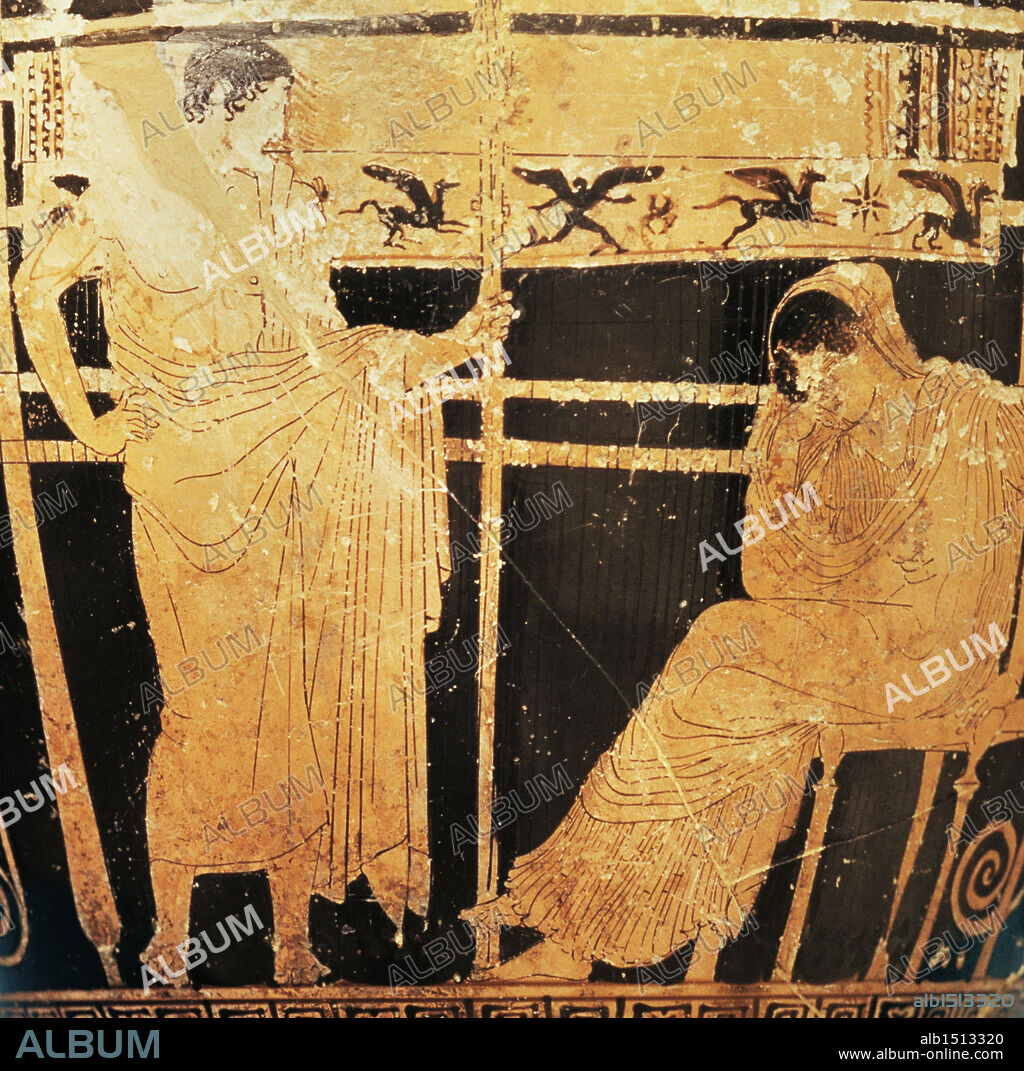 Greek civilization, 5th century b.C Red-figure pottery. Attic skyphos by the painter of Thelemacus portraying Penelope and Telemachus.