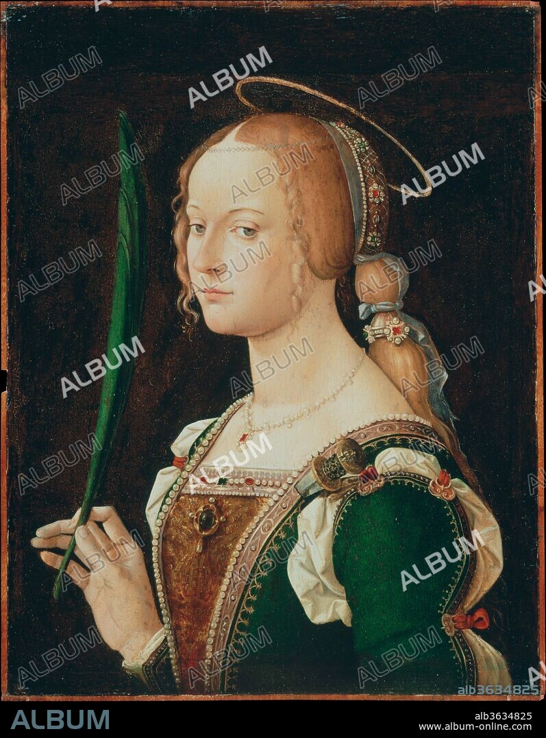 Saint Justina of Padua. Artist: Bartolomeo Montagna (Bartolomeo Cincani) (Italian, Vicentine, before 1459-1523). Dimensions: Overall, with added strips, 19 1/2 x 15 1/8 in. (49.5 x 38.4 cm); painted surface 19 1/8 x 14 3/4 in. (48.6 x 37.5 cm). Date: 1490s.

A fragment from an altarpiece, this picture shows the early Christian martyr Justina in the guise of an elegantly dressed contemporary of the artist, thereby overlapping an ideal image of a saint with the conventions of portraiture. This is not surprising, for by the 1490s it was not uncommon to have yourself depicted as your patron saint. The palm branch and the sword piercing her breast are the saint's traditional attributes. In 1469 Montagna was associated with Giovanni Bellini; he went on to become the principal painter in Vicenza.
