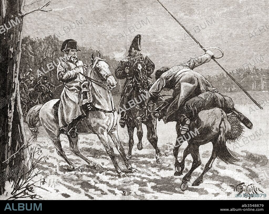 Attempt of the Russian Cossacks to capture Napoleon Bonaparte at the Battle of Brienne, France, 1814. From The Century Edition of Cassell's History of England, published c. 1900.