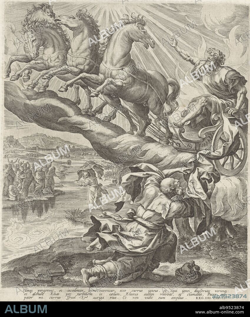 Ascension of Elijah, Johannes Wierix, after Maerten de Vos, 1582 - 1583, Elijah is carried off to heaven in a chariot of fire, with horses in front. Elisha just catches his cloak. In the background we see how Elisha then beats the water with Elijah's cloak so that it flows left and right and he can cross the river. In doing so he wins the recognition of the prophets on the other side. In the margin a three-line Bible quote from 2 Kings 2 in Latin., print maker: Johannes Wierix, (mentioned on object), Maerten de Vos, (mentioned on object), publisher: Johann Sadeler (I), (mentioned on object), Antwerp, 1582 - 1583, paper, engraving, h 250 mm × w 204 mm.