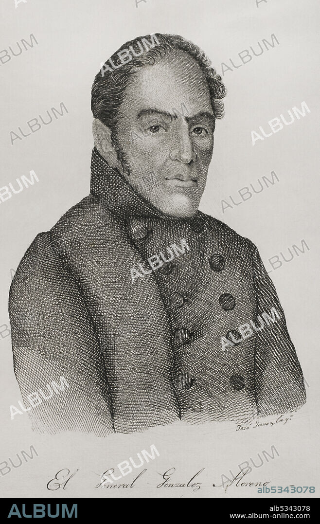 JOSÉ GÓMEZ. SPANISH ENGRAVER. Vicente Gonzalez Moreno (1778-1839). Spanish general who took part in the Spanish War of Independence and the First Carlist War, supporting the Carlists. Engraving by Jose Gomez. Panorama Español, Crónica Contemporánea. Madrid, 1842.