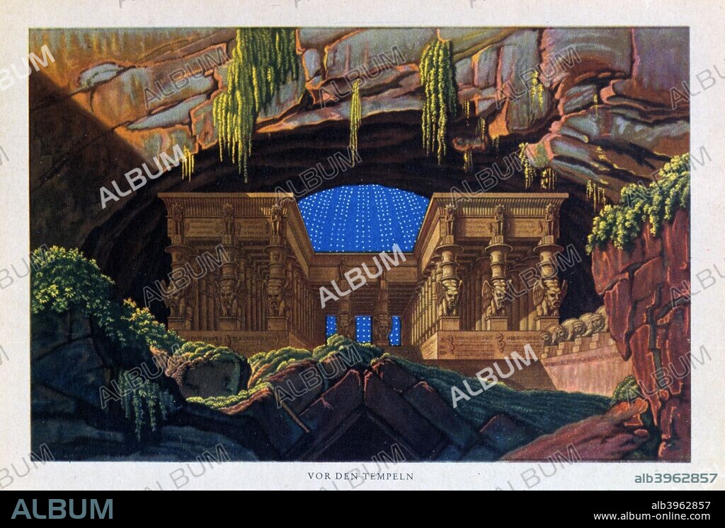 The temple of Isis and Osiris from The Magic Flute, 1816. Stage design by Karl Freidrich Schinkel for The Magic Flute (Die Zauberflote), showing the temple of Isis and Osiris where Sarastro was High Priest: The opera by Wolfgang Amadeus Mozart (1756-1791) with libretto by Emanuel Schikaneder (1751-1812) was first produced in Vienna in 1791. The plot has overtones of Freemasonry. Some say Queen of the Night is based on the Empress Maria Theresa (1717-1780).
