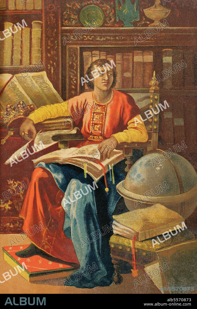 Alfonso X de Castilla, llamado "El Sabio" (1221-1284). Rey de Castilla y León. Retrato. Cromolitografía. Historia Universal, por César Cantú. Tomo VI. Publicado en Barcelona, 1885.