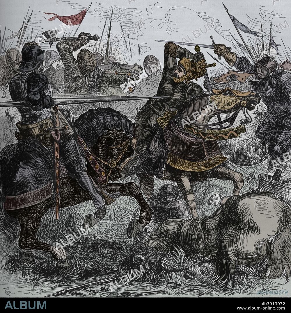 'Richard III at Bosworth', 22 August 1485, (c1880). The Battle of Bosworth Field (or Battle of Bosworth)  22 August 1485, was the last significant battle of the Wars of the Roses, the civil war between the Houses of Lancaster and York that raged across England in the latter half of the 15th century. Richard III, the last king of the House of York, was killed in the battle making Henry Tudor, Earl of Richmond, by his victory the first English monarch of the Tudor dynasty. From British Battles on Land and Sea, Vol. I, by James Grant. [Cassell Petter & Galpin, London, Paris & New York, c1880].  (Colorised black and white print).