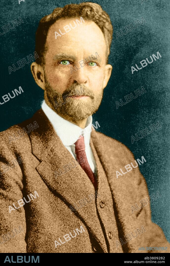 Color enhanced photograph of Thomas Hunt Morgan (1866-1945), US geneticist and Nobel Laureate. Morgan was born in Kentucky, and studied zoology at the State College. He then moved to Johns Hopkins University. His work in genetics is largely remembered for the use of the fruit fly Drosophila melanogaster, and for establishing many ideas in chromosome theory. It was Morgan who proved that the chromosome was the carrier of heredity, and that the chromosome consists of genes. He also discovered crossover (the exchange of genes between chromosomes), and helped produce the first chromosome map. In 1933 he was awarded the Nobel Prize for Physiology or Medicine.